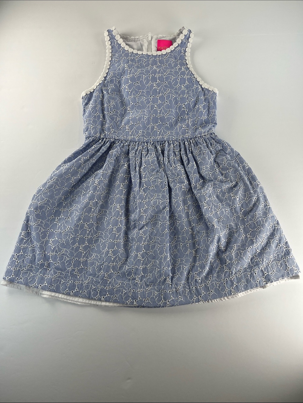 Lily Pulitzer Girls Blue Eyelet-Pattern Sundress with White Trim, Pockets Sz 10
